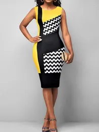 Casual Dresses Office Ladies Womens Wave Randig Print Package Hip Pencil Dress Summer O-Neck ärmlös midjeformad knälängd Midi