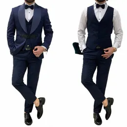 Marineblaue Herrenanzüge, maßgeschneidert, 3-teilig, Jacquard-Blazer, Weste, Hosen, chinesischer Knoten, schiere Revers, Slim Fit, Hochzeit, Bräutigam, maßgeschneidert, Plus-Größe