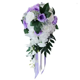 Fiori decorativi SV-Wedding Bouquet da sposa Sposa da sposa con rose artificiali in pizzo lungo nastro in chiesa