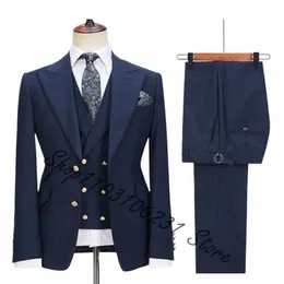 Azul marinho terno masculino 3pcs blazer colete calças personalizado busin jaqueta formal festa de casamento noivo smoking terno masculino r79w #