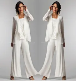 Pantaloni da madre per signora in pizzo chiffon bianco avorio Abiti per la madre dello sposo con giacca Abiti eleganti da festa per donna Pantaloni4420402