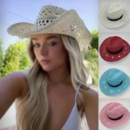 Chapéu de palha de cowboy de crochê ocidental feminino casual artesanal oco para fora cowgirl chapéu cor sólida ao ar livre aba larga praia boné 240327