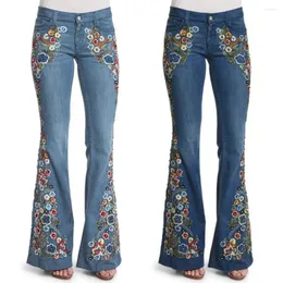 Jeans femininos mulheres retro floral bordado denim flare calças angustiadas em linha reta plus size calças elegante palazzo perna larga