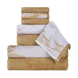 High Quality Cotton Absorbent Quick Drying 8-piece Towel Set, Bathroom Decoration, Marble Solid Pattern, Including Bath 2 Face Towels, and 4 Handkerchiefs,