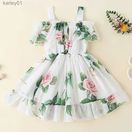 Girl's Dresses Toddler Girls Floral Print Dress Chiffon Off Shouler Suspender Sundress Ruffle Hem Tunic Dress Size 1-8T yq240327