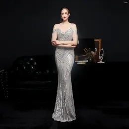 Casual Dresses Women's Sequin Glitter Long Off Shoulder Mermaid Prom Evening Wedding Guest Gäst Spaghetti Rems Luxury Elegant Formal