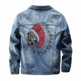 indian Chief Embroidery Denim Jackets Men, Retro Blue Streetwear, Ripped Slim Coat, Casual Motorcycle Outwear, Spring and Autumn W7Ra#