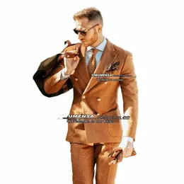 Vintage Suits Men Slim Fit Brown Double Breasted Jacket Pants 2 Pieces Smart Casual Busin Wedding Tuxedo Trajes de Hombre 44TW#