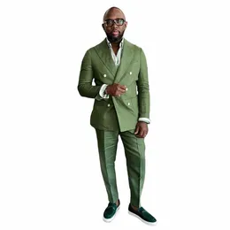 Olive Green Men's Suit Double Breasted Blazers Define para casamento Slim Fit Masculino Smoking Peaked Laple Jacket e Calças Groom Wear J2WU #