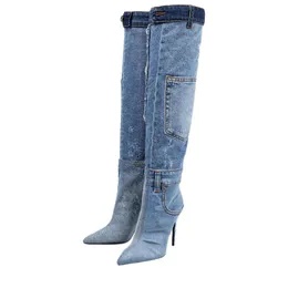 2023 Kvinnor damer äkta läder höga klackar pilning toed knapp cowboy långa stövlar bröllop denim jeans klänning gladiator casual catwalk fickor vikskor siz 34-43