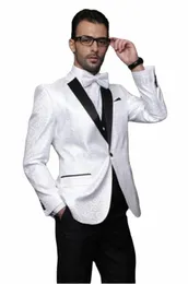 Italiensk stil vit och svart brudgum tuxedos smala fit mens bröllop kostymer brudgummen klädsel groomsman kostym jacka+byxor+väst n9co#