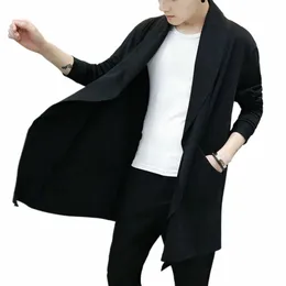jesień mężczyźni fi w stylu koreański LG Trench płaszcz z kapturem płaszcz Abrigo Hombre Men Punk Hip Hop Cardigan Casual Streetwear Cape M4C7#