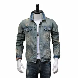 Frühling und Herbst Retro zerrissene und hübsche Jeansjacke Herren Slim Fit Lg Sleeve Coat Fi Denim Coat Distr Top r9JT #