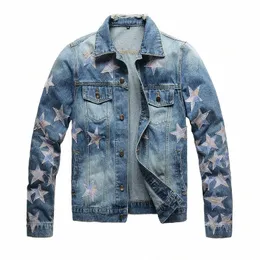 Men Stars Patch Denim Kurtka streetwear Slim Fit Blue Catch Patch Patchwork M4L3#