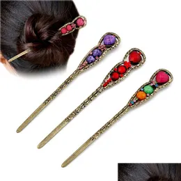 Forcine per capelli Disco in bronzo vintage Dispositivo per capelli Lega Colorf Strass Spille in metallo Lungo Updo Copricapo per le donne Accessori moda Drop Deli Otjpp