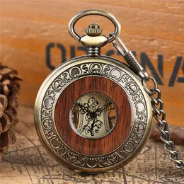 Pocket Watches Vintage Wood Case Mechanical Watch Roman Sifferals Carving Flower Dial Handwinding Clock Pendant Chain Women Män gåvor