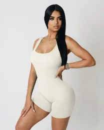 Mulheres treino sem costura macacão yoga com nervuras bodycon uma peça espaguete cinta shorts macacão bodysuit rosqueado elástico shapewear 240313