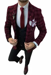 بدلات عالية الجودة للرجال منقوشة من Notch Lapel Burdy Tuxedos Slim Fit Leisure Coats Groomsmen for Wedding Blazer+Vest+Pants C7in#