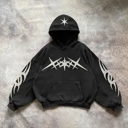 Y2k retro preto estrela retalhos hoodie moda solta oversized bordado moletom com capuz gótico streetwear roupas masculinas 240312