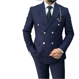 Hübscher dunkelblauer Anzug für Männer Zweireiher Formaler Busin-Blazer Hochzeit Bräutigam Smoking 2-teilige Jacke Hosen Terno Masculino l0Vn #