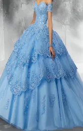 Light Sky Blue Modest Lace Ball Gown Quinceanera Prom Dresses paljetter Applique Tulle Off the Shoulder Formal Party Sweet 16 Dress7663227