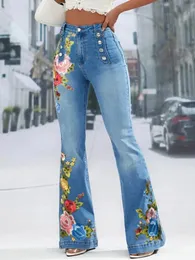 Plus Size Women Jeans Plain Button Decor Flare Leg Long Denim Pants Floral Embroidery Female High Waist Wide 240315