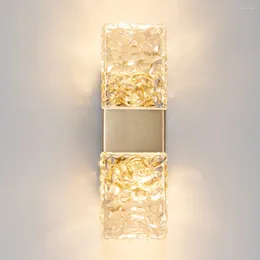 Lâmpada de parede ouro e cristal arandela luxo post moderno luz arte deco design para sala de estar quadrado de aço ao lado interior