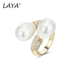 LAYA Anello in argento sterling 925 con doppia perla regolabile per le donne Zircone scintillante Fidanzamento Anniversario Gioielleria raffinata 240327