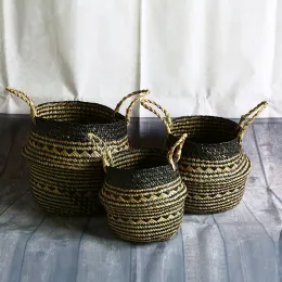 Baskets Woven Storage Basket with Black Grid Handmade Seagrass Wicker Gift Basket Garden Flower Pot Laundry Container Toy Storage Holder