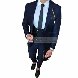 Новые мужские костюмы из 3 предметов Формальный деловой костюм на заказ Нежный мужской свадебный пиджак для жениха + брюки + жилет X7DF #