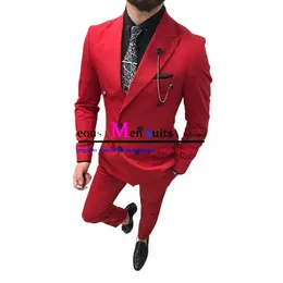 Doppio petto risvolto a punta gentiluomo giacca rossa due pezzi abito da uomo con pantaloni giacca formale per smoking dello sposo costumi W3ba #