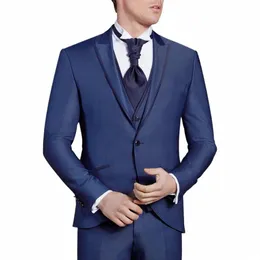 костюмы для мужчин 2024 куртка жилет брюки из трех частей формальный однобортный остроконечный лацкан темно-синий костюм Hombre Slim Fit Costum A2oI #