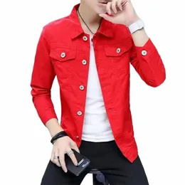 Men's Denim Jacket Red Korea Male Jean Coats Slim Fit Low Cost Fast Deery Big Size Lxury in Lägsta pris märkesvarkläder Bärad 14W1#