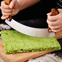 Rostfritt stål Vegetabilisk nougat Kniv Hem Herb Pizza Cutter med dubbelt trähandtag Kök som klipper huggningsverktyg