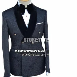 Preto Jacquard Homens Ternos Slim Fit Peaked Lapel Veet Double Breasted Blazer Set Casamento Smoking Jaqueta + Colete + Calça 3 Peças 2022 D4kq #