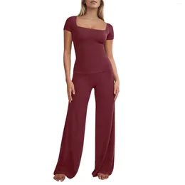 Calças femininas de duas peças Mulheres 2 Outfits Define Verão Manga Curta Gola Quadrada Tops Soltos Calças Confortáveis ​​Set Home Causal Sólido Yoga Matching