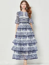 2023 Summer Women Gorgeous Blue and White Porcelain Printed Cascading Ruffles 5layers Cake Flare Sleeve Chiffon Maxi Dress 240321