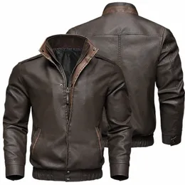 2024 New Spring Autumn Men's Vintage Leather Jacket Busin Casual Brown Motorcycle Jacket Windbreaker Plus Size Zipper Coat q54I#