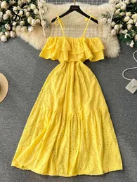 Party Dresses SINGREINY High Street Cotton Embroidery Long Dress Women Hollow Out Backless Beach Sundress Fashion Off The Shoulder Sexy