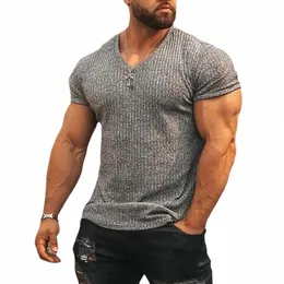 Mens v Boyun Kısa Kollu Tişört Fitn İnce Fit Spor T-Shirt Katı Fi Şeritler Tees Üstler Yaz Örme Spor Giyim W9JX#