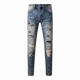 High Street Fi Men Jeans Retro Wed Blue Stretch Skinny Fit Ripped Jeans Men Beading Patched Designer Hip Hop Brand Pants M3cy#