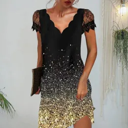 Party Dresses 2024 Summer Women's Positioning Floral Printing Wave V-Neck spets kortärmad kort klänning A-line Löst hem mini