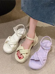 Sapatos de vestido 2024 verão claro bege conforto médio grosso feminino sandália praia med tamancos com calcanhar aberto dedo do pé meninas fivela cinta bloco