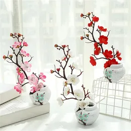 Flores decorativas bonsai seda plantas artificiais galhos de árvores com vaso decoração para casa vasos de ramos decoração de sala de casamento