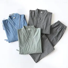 Homens sleepwear primavera japonês quimono pijama conjunto masculino fino nove pontos mangas lace-up tops calças compridas terno solto homewear