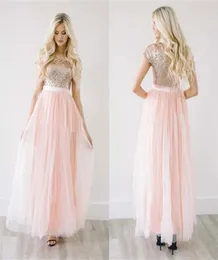 Senaste 2017 Light Peach Tulle Sequined Top Bridesmaid Dresses Long Cheap Short Sleeve Cleats Ankel Length Maid of Honor Gowns Cust9640448