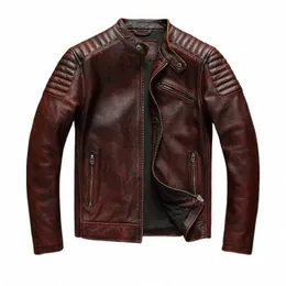 navio livre, roupas de couro de marca, roupas de couro genuíno dos homens, jaqueta de motociclista vintage. casaco de couro, Chaqueta de cuero Y55n #