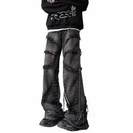 Houzhou Y2K Punk Black American Street Rock Retro High Highウエスト特大のジーンズメンズRaw Edge Wed Darkwear Wide Leg Ounsers Men 82GB＃