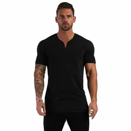 Verão New Arrivals pequeno V Neck manga curta T Shirt Men Slim Fit Fi T-shirt Sports Casual Gym Clothing Fitn Tshirt 36Cv #