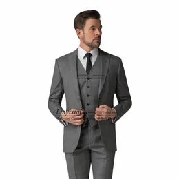 Klassiska grå män passar formell busin blazer smal passform bröllop brudgummen smoking bankett 3 -stycken set jacka västbyxor kostym homme i3ie#